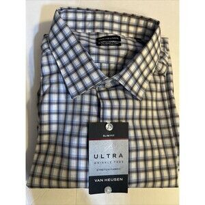 Van Heusen Men Button Down Shirt 2XL Wrinkle Free Slim Fit 18-18 1/2 Blue 34/35